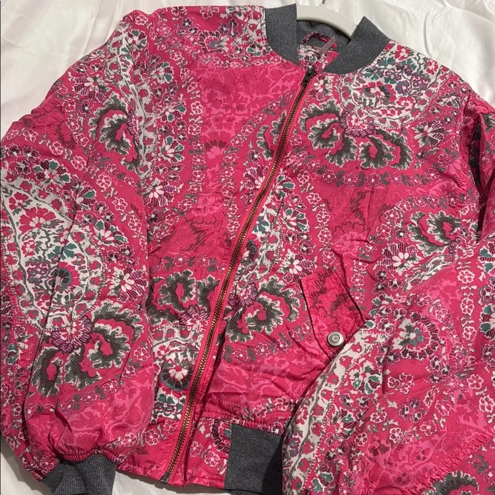 Free People Pink Paisley Bomber Jacket